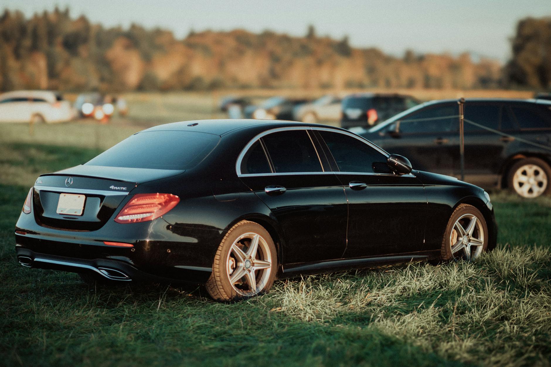 Czarny Mercedes zaparkowany na słonecznej łące, widok z boku
